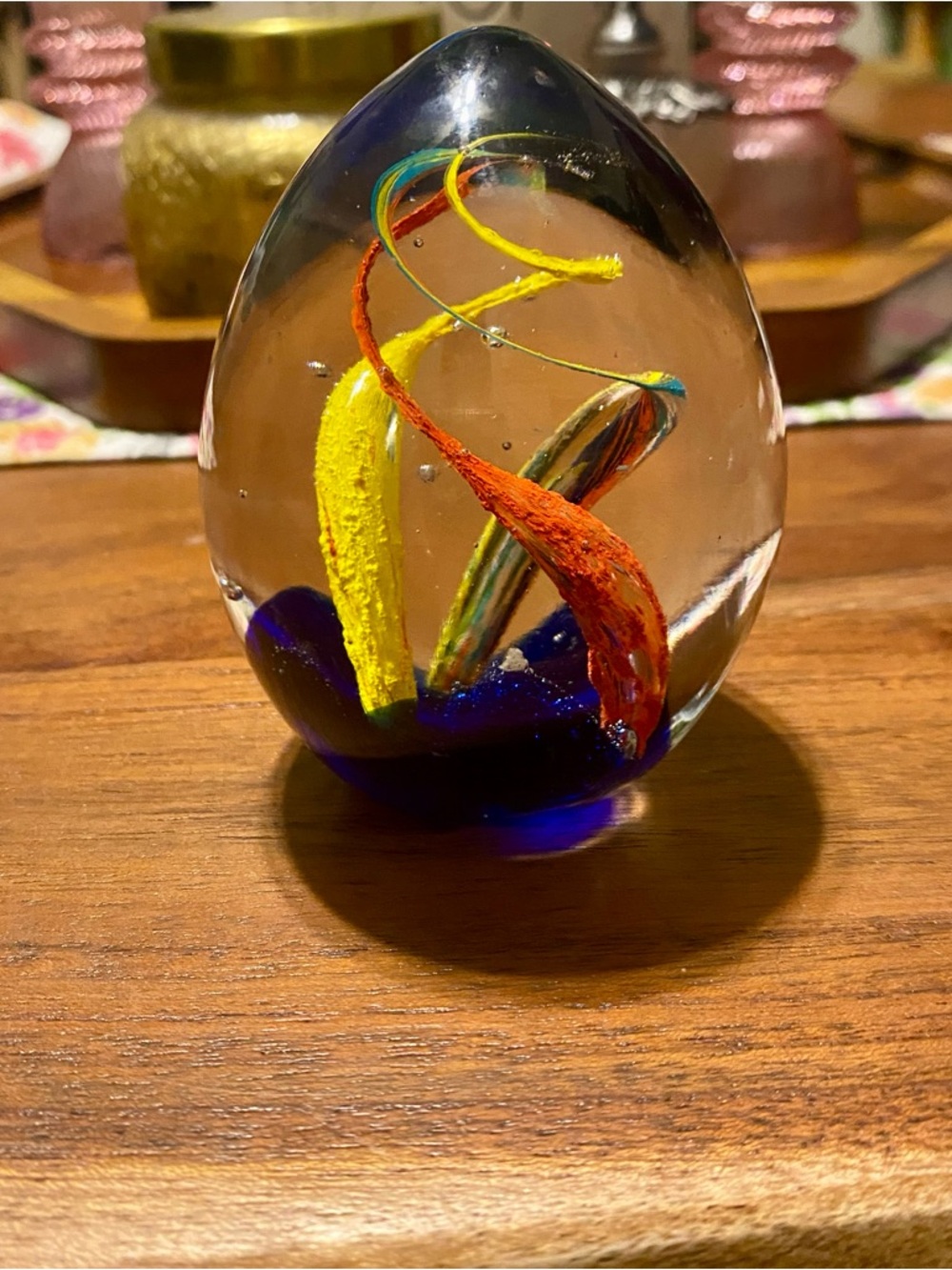 Handblown Glass Art Egg Paperweight with Colorful Swirls